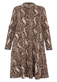 Braun-Schlangenmusterkleid mit langen Ärmeln, V-Ausschnitt und Nietenakzenten an den Bündchen. Ausgestellte Form, die für Komfort und Bewegungsfreiheit sorgt.