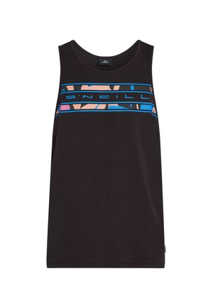 Sort ærmeløs tanktop med flerfarvede grafiske striber hen over brystet, lavet af blødt bomuldsstof med rund halsudskæring.