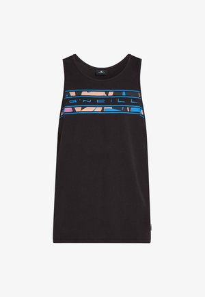 Mustast värvist varrukateta top, millel on mitmevärvilised triibud rinnal, valmistatud pehmest puuvillakangast ja ümmarguse kaelusega.