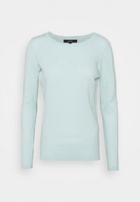 Light blue long-sleeve knitted sweater with a subtle textured pattern and a round neckline.