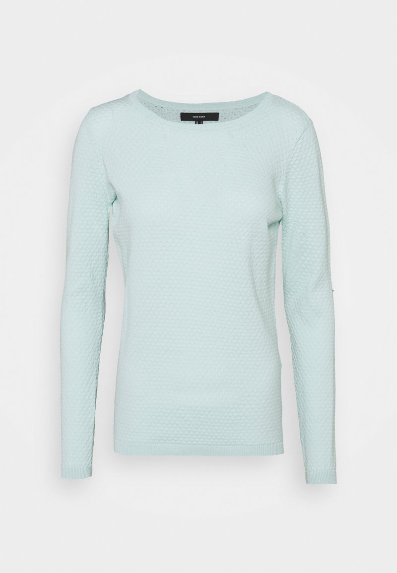 Light blue long-sleeve knitted sweater with a subtle textured pattern and a round neckline.