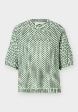 Pulover tricotat cu mâneci scurte, în verde și alb, cu un model geometric texturat, guler, manșete și tiv striați.