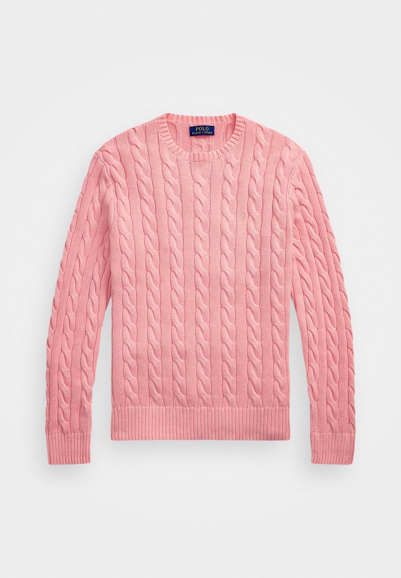 Różowy sweter z różnorodnym splotem, z okrągłym dekoltem i ściągaczem na dole. Posiada teksturowany wzór oraz długie rękawy. Wykonany z miękkiego, dzianinowego materiału.