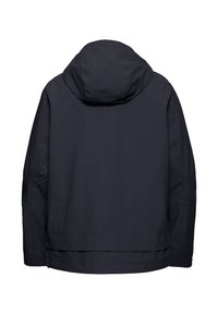 Giacca blu scuro con cappuccio, texture liscia, polsini corti elastici e orlo dritto. Senza chiusure o dettagli visibili.