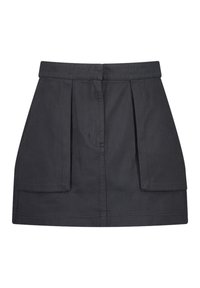 Svart denimkjol med en plisserad design, hög midja och två framfickor. Tyget har en slät yta med en strukturerad form.