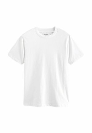 Weißes T-Shirt mit kurzen Ärmeln aus Baumwolle, ausgestattet mit einem klassischen Rundhalsausschnitt und einer glatten Textur ohne Muster oder Grafiken.