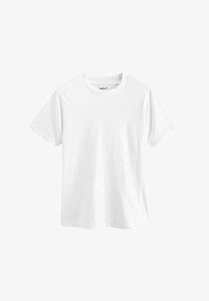 Fehér, rövid ujjú pamut póló, klasszikus kerek nyakkal, sima textúrával, minták vagy grafikák nélkül.