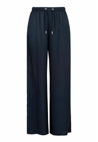 Marineblaue weite Hosen mit elastischem Bund, verstellbarem Kordelzug und seitlichen Schlitzen für zusätzlichen Komfort und Stil. Glatte Textur.