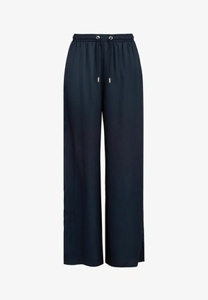 Marineblaue weite Hosen mit elastischem Bund, verstellbarem Kordelzug und seitlichen Schlitzen für zusätzlichen Komfort und Stil. Glatte Textur.