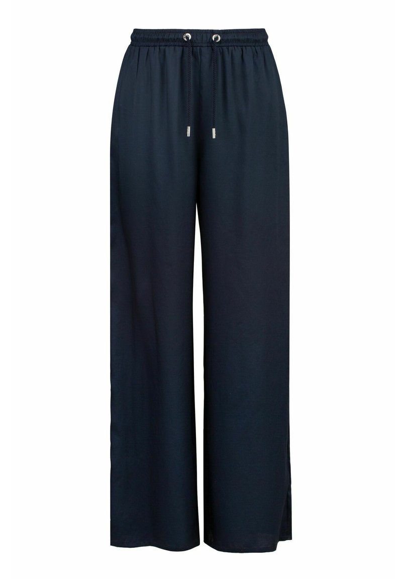 Marineblaue weite Hosen mit elastischem Bund, verstellbarem Kordelzug und seitlichen Schlitzen für zusätzlichen Komfort und Stil. Glatte Textur.