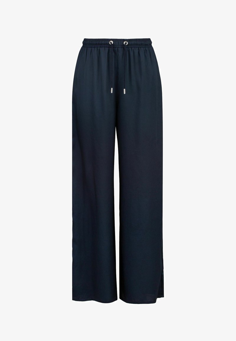 Marineblauwe wijde broek met elastische tailleband, verstelbaar trekkoord en zijsplitten voor extra comfort en stijl. Glad textuur.