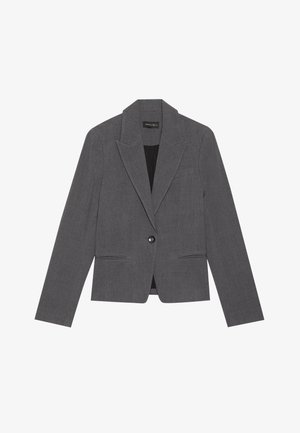 Šedý skrátený blejzer s klopovým golierom, jedným gombíkom na zapínanie, dvoma prednými vreckami a jemnou textúrou látky. Podšitá vnútorná časť.