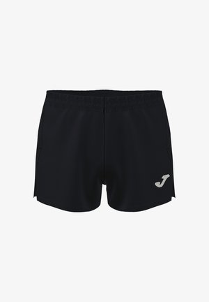 Shorts de sport noirs avec taille élastique et petit logo blanc en bas à droite, conçus pour le sport ou une tenue décontractée.