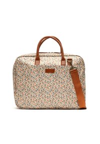 Taschen aus stoff mit Blumenmuster und braunen Kunstledergriffen sowie Schulterriemen. Rechteckige Form mit Reißverschluss und Markenakzent.