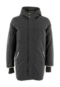 Chaqueta negra aislante con capucha, mangas largas, bolsillos laterales con cremalleras blancas y botones a presión en el collar y los puños. Textura suave.
