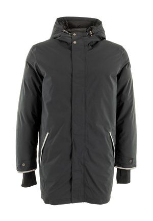 Black insulated jacket with hood, long sleeves, side pockets with white zippers, and snap buttons at the collar and cuffs. Smooth texture.