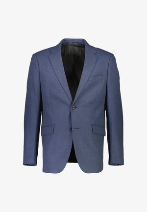 Blauer strukturierter Blazer mit einem Ein-Knopf-Verschluss, zwei frontalen Taschen und einem schwarzen Satin-Innenfutter. Maßgeschneiderte Passform mit Reverskragen.