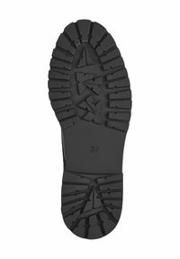 Suola di scarpa in gomma nera con profondi modelli di battistrada multi-direzionale e un'indicazione di taglia "37" stampata sulla superficie.