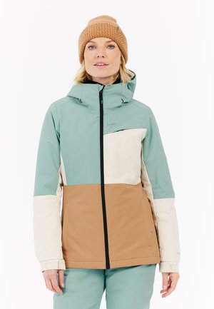 Multikleurige winterjas met een teal bovenkant, een crèmekleurig borstpaneel en een bruine onderzijde. Voorzien van een gevoerde capuchon en een rits aan de voorkant.