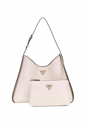 Borsa hobo in rosa chiaro, pelle texturizzata con motivo in rilievo. Presenta una tracolla nera a contrasto e una pochette coordinata removibile.