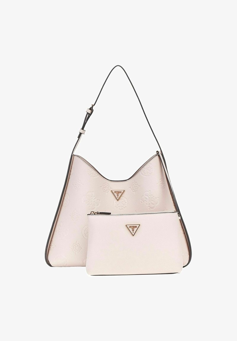 Borsa hobo in rosa chiaro, pelle texturizzata con motivo in rilievo. Presenta una tracolla nera a contrasto e una pochette coordinata removibile.
