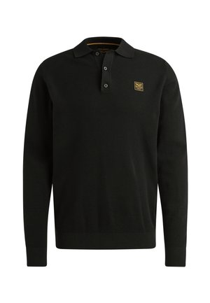 Polo negro de manga larga hecho de tejido texturizado. Cuenta con una tapeta de tres botones y un pequeño logotipo amarillo en el pecho.