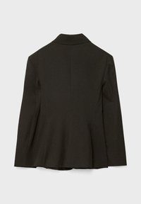 Blazer grigio scuro con una vestibilità su misura, colletto a scagno e maniche lunghe. Realizzato in un tessuto liscio con una leggera trama. Vista da dietro.