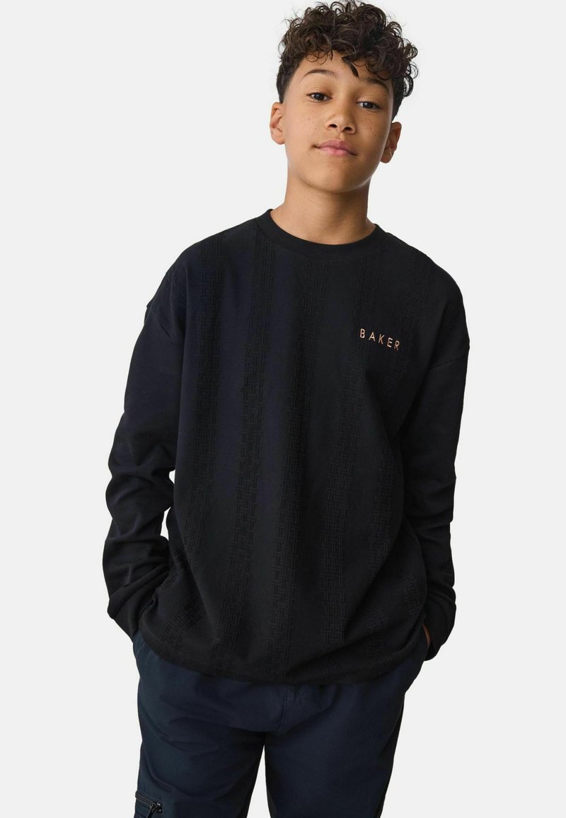 Schwarzer Sweatshirt mit geprägten vertikalen Streifen und einem kleinen "BAKER"-Logo in Kupfer. Lange Ärmel und Rundhalsausschnitt.