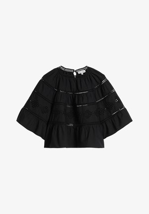Marc O'Polo, BLOUSE, FLARED SHAPE, ROUND NECK, EMBROIDERY DETAILS, SHORT SLEEVE, SOLID - Blouse - black