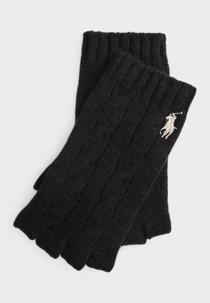 Black knitted fingerless gloves featuring a cable design and ribbed cuff, with a small embroidered logo on one side.