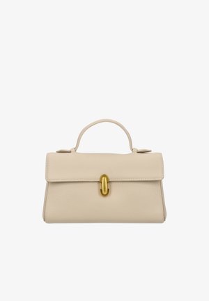 Beige leather handbag with a structured design, a top handle, and a gold-tone clasp. Smooth texture with subtle grain detailing.