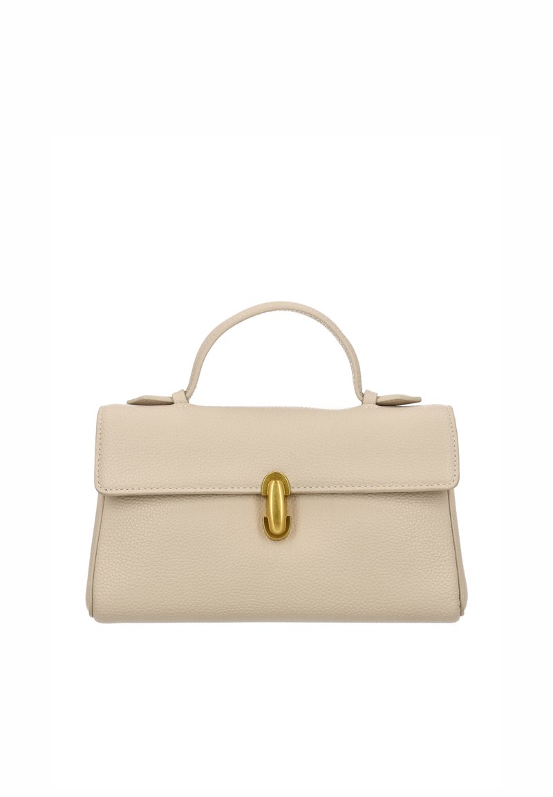 Beigefarbene Lederhandtasche mit einem strukturierten Design, einem oberen Griff und einem goldfarbenen Verschluss. Glatte Textur mit dezenten Narbenstrukturen.