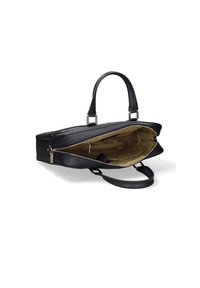 Borsa in pelle nera con due manici superiori e una tracolla regolabile. L'interno presenta una fodera beige con testo stampato. Chiusura con zip.