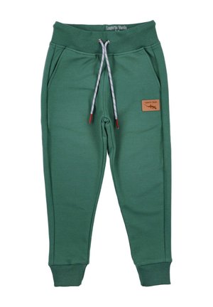 Grüne Jogginghose aus weichem Baumwollmix, mit elastischem Bund und Kordelzug, zwei Seitentaschen und einem Akzent aus Leder.