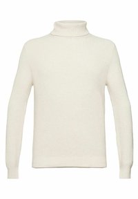 Cremefarbener Rollkragenpullover aus geripptem Strickstoff. Mit langen Ärmeln und einer figurbetonten Silhouette mit Rollkragen.