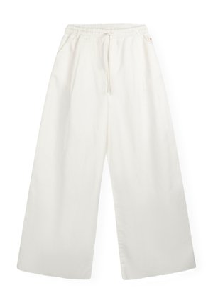 Pantalones de pierna ancha blancos, fabricados con un material suave y ligero. Cuentan con una cintura elástica con cordón y bolsillos laterales.