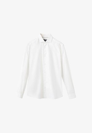 Camicia bianca a maniche lunghe con colletto a punta, esposta su uno sfondo bianco semplice.