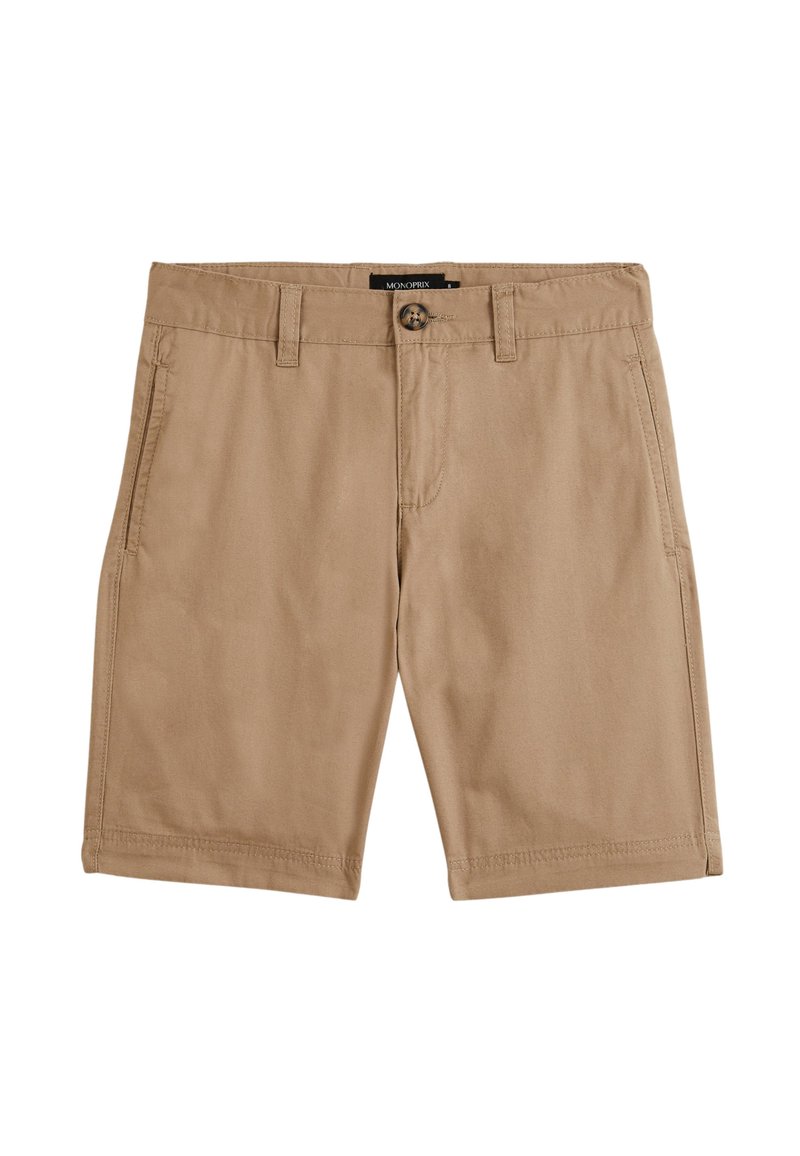 Shorts kaki en coton au texture lisse, avec une fermeture à bouton à l'avant, deux poches latérales et des détails de couture au niveau de l'ourlet.