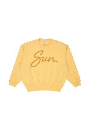Żółta bluza z okrągłym dekoltem, długimi rękawami i ściągaczami. Z przodu znajduje się duży brązowy napis kursywą "Słońce".