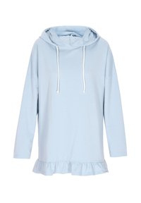 Vaaleansininen huppari, jossa on pitkät hihat, nauhakiinnitys kauluksessa ja röyhelöreuna, valmistettu pehmeästä ja kevyestä kankaasta.