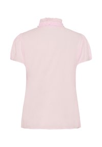 Pale pink short-sleeved top with a frilled collar and soft texture. The back view shows a smooth, simple design without patterns or embellishments.