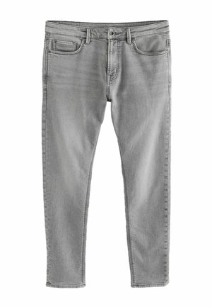 Grå denimjeans med en smal passform, med fem fickor, knappgylf och subtil blekning. Tyget har en slät textur.