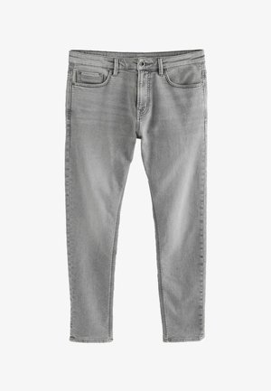 Grå denimjeans med en smal passform, med fem fickor, knappgylf och subtil blekning. Tyget har en slät textur.