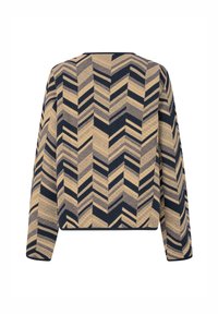 Maglione texturizzato con motivo a zigzag nelle tonalità di blu navy, beige e grigio; maniche lunghe e scollatura rotonda.