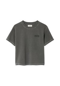 T-shirt gris foncé à manches courtes avec col rond et petit texte "American Vintage" sur la poitrine gauche, design uni avec coutures visibles.