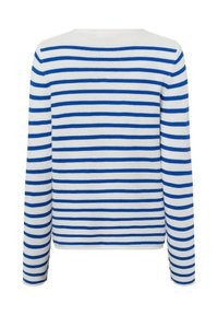 Blau-weiß gestreifter Langarmpullover mit rundem Ausschnitt. Hat ein strukturiertes Strickmuster und einen geraden Saum. Rückansicht gezeigt.