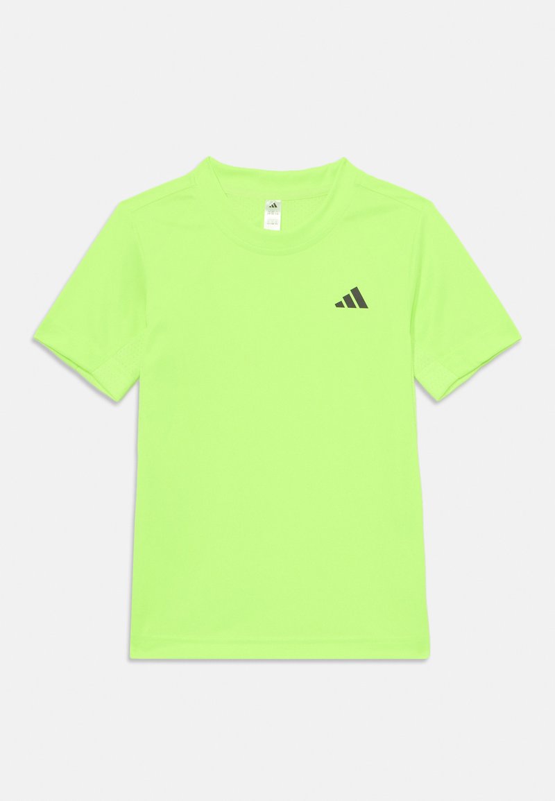 Neon zöld, rövid ujjú sportpóló, könnyű anyagból készült, bal felső mellen fekete Adidas logóval.