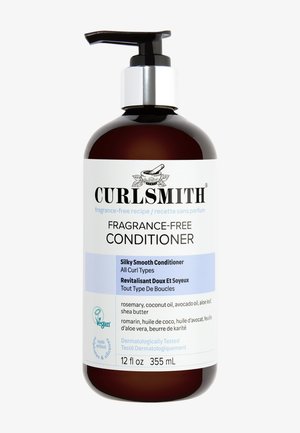 Dark amber bottle with a black pump, labeled "Curlsmith Fragrance-Free Conditioner." Features white and light blue text, 355 mL capacity.
