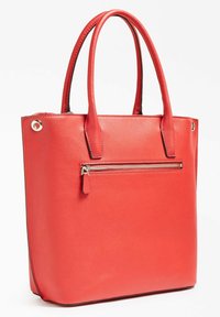 Rød læder tote taske med to håndtag og en vandret lynlåslomme på forsiden, sat op mod en hvid baggrund.