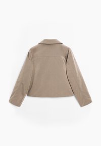 Beige, cropped jacket with a smooth texture, notched collar, and long sleeves, featuring a center back seam and minimalistic design.